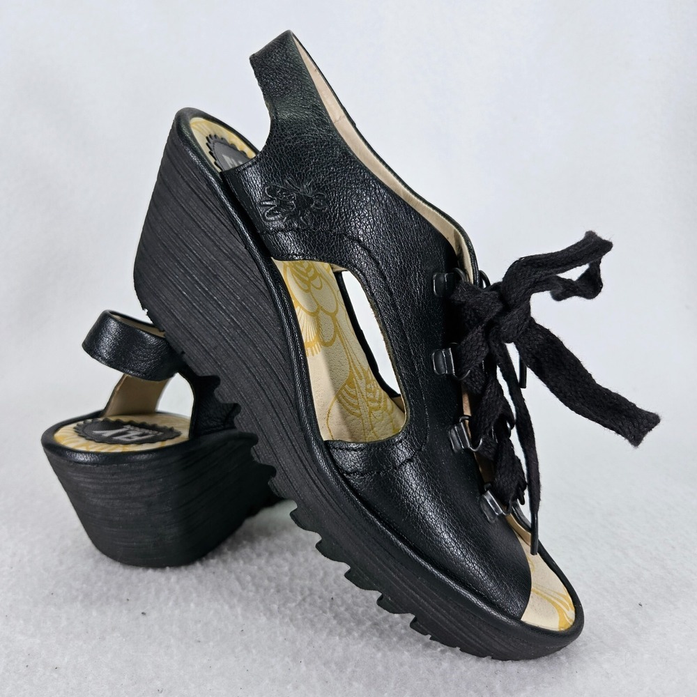 Fly London Sandals Womens 37 Black YLVA Leather‎ Platform Wedge Peep Toe Lace Up